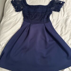Francescas navy blue and lace off the shoulder dress. Size XS